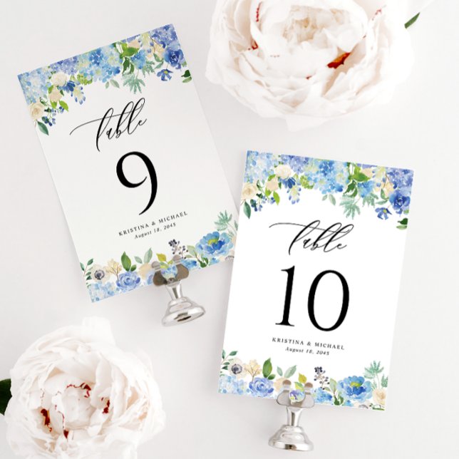 Watercolor Blue Hydrangeas and Roses Wedding Table Number (Creator Uploaded)