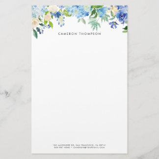 Watercolor Blue Hydrangeas and White Roses Floral Stationery