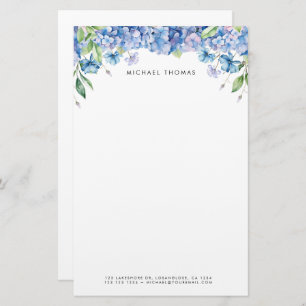Watercolor Blue Hydrangeas & Purple Floral  Stationery