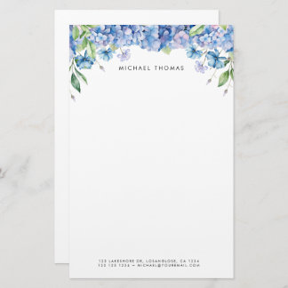 Watercolor Blue Hydrangeas & Purple Floral Stationery