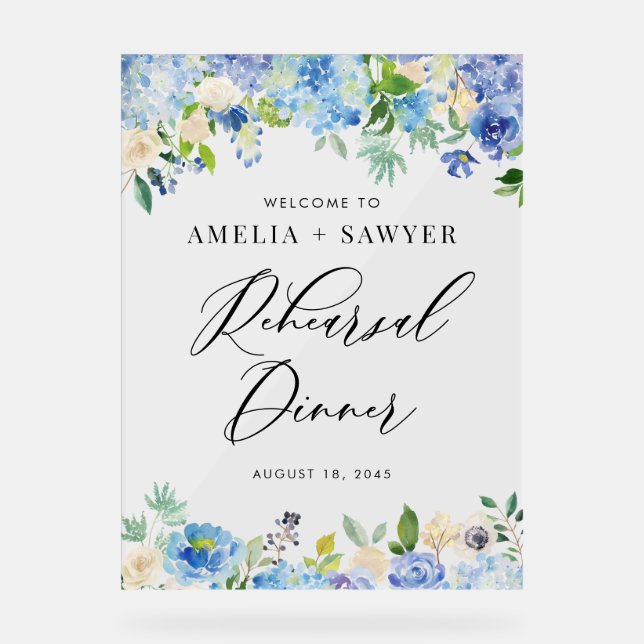 Watercolor Blue Hydrangeas Rehearsal Dinner Acrylic Sign (Front)
