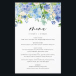 Watercolor Blue Hydrangeas Wedding Menu Card<br><div class="desc">Add an elegant floral accent to your event tablescape with this customisable floral menu card stationery. It features watercolor floral garland of blue and purple hydrangeas, ivory roses and greenery. Personalise this watercolor floral menu card by adding your own details. This hydrangea menu card is perfect for spring and winter...</div>