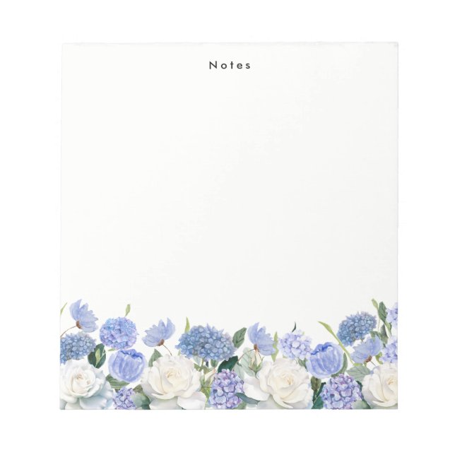 Watercolor Blue Hydrangeas White Rose Personalised Notepad (Front)