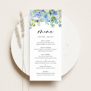 Watercolor Blue Hydrangeas Winter Floral Wedding Menu