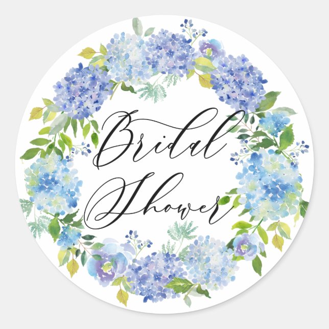 Watercolor Blue Hydrangeas Wreath Bridal Shower Classic Round Sticker (Front)