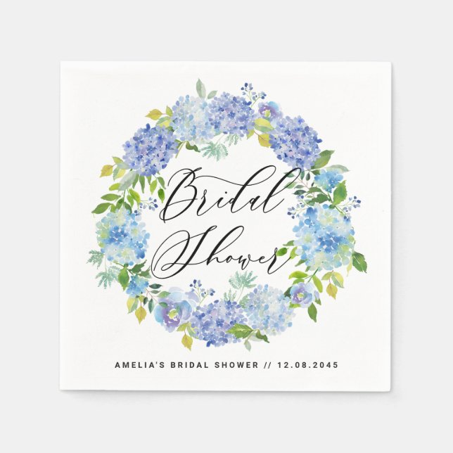 Watercolor Blue Hydrangeas Wreath Bridal Shower Napkin (Front)