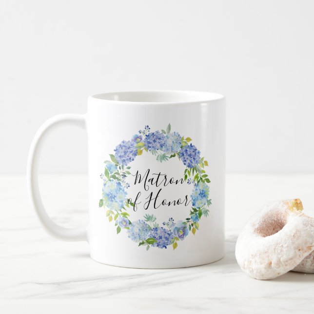 Watercolor Blue Hydrangeas Wreath Matron of Honour Coffee Mug (With Donut)