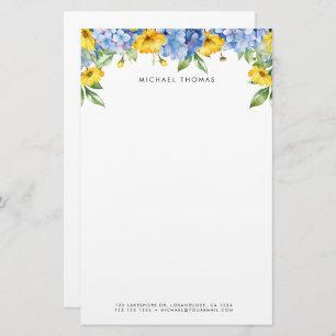 Watercolor Blue Hydrangeas & Yellow Floral  Stationery