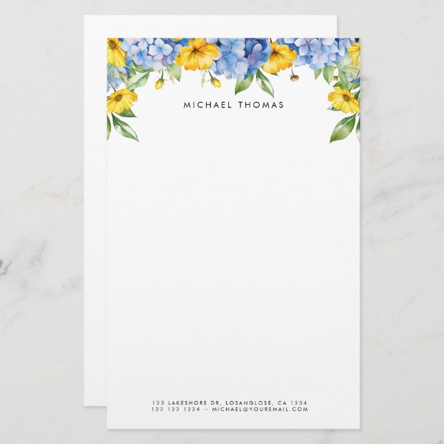Watercolor Blue Hydrangeas & Yellow Floral  Stationery (Front/Back)