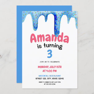 Watercolor Blue Ice Cream Drip Birthday Invitation