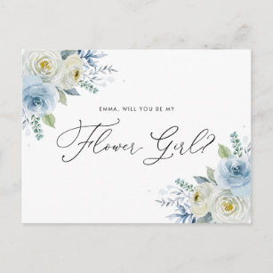 Watercolor Blue & Ivory Roses Flower Girl Proposal Postcard