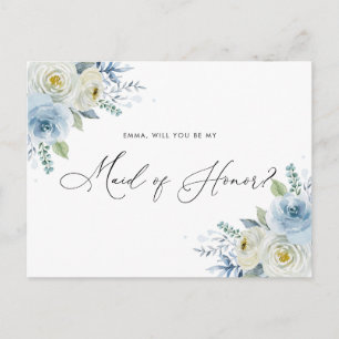 Watercolor Blue & Ivory Roses Maid of Honour Postcard