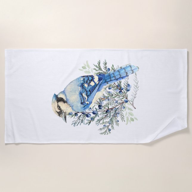 Watercolor Blue Jay Bird Blueberries Country Art Beach Towel (Front)