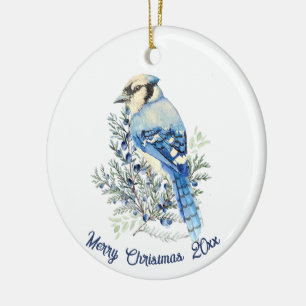 Watercolor Blue Jay Bird Blueberries Country Art Ceramic Ornament