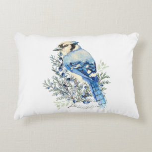 Watercolor Blue Jay Bird Blueberries Country Art Decorative Cushion