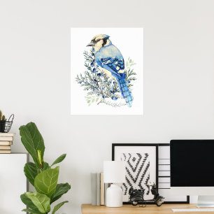 Watercolor Blue Jay Bird Blueberries Country Art Poster