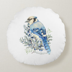 Watercolor Blue Jay Bird Blueberries Country Art Round Cushion