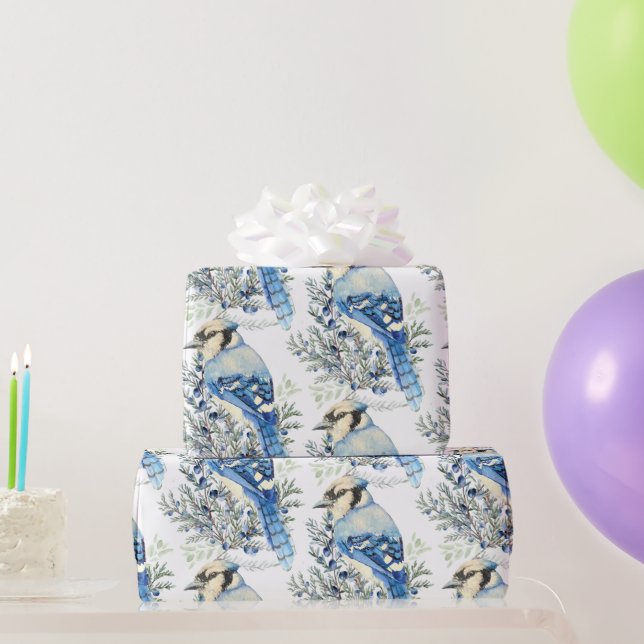Watercolor Blue Jay Bird Blueberries Country Art Wrapping Paper (Party Gifts)