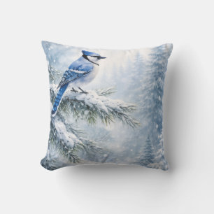 Watercolor Blue Jay on Pine Branch Cushion