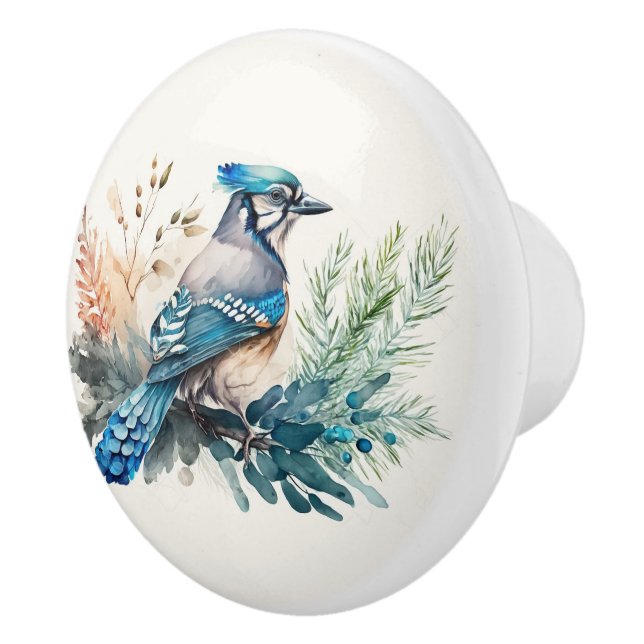 Watercolor Blue Jay Pine Branch Ceramic Knob (Right)