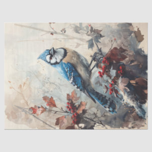 Watercolor Blue Jay with Wild Berries Decoupage Tissue Paper