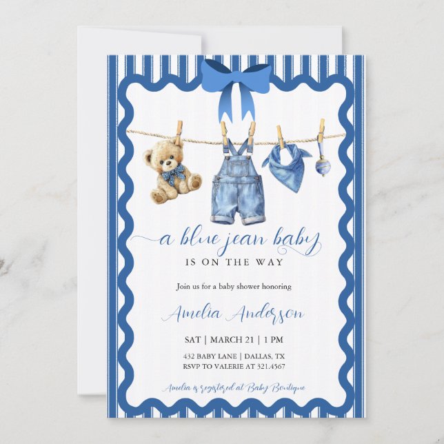 Watercolor Blue Jean Baby Clothesline Baby Shower Invitation (Front)