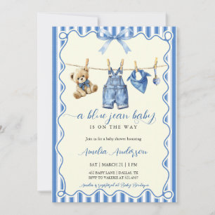 Watercolor Blue Jean Baby Teddy Bear Baby Shower Invitation