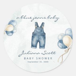 Watercolor Blue Jeans Baby Shower Denim Balloons Classic Round Sticker
