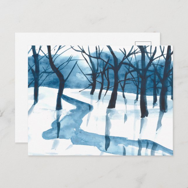 Watercolor blue landscape, trees and river, snowy  holiday postcard (Front/Back)