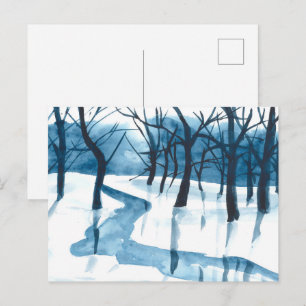 Watercolor blue landscape, trees and river, snowy  holiday postcard