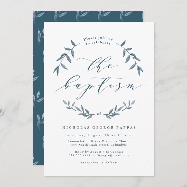Watercolor blue leaves baptism invitation (Front/Back)