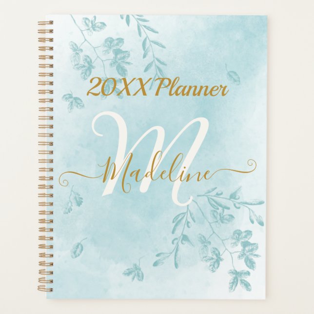 Watercolor Blue Leaves Monogram Planner (Front)