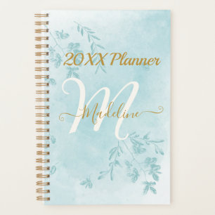 Watercolor Blue Leaves Monogram Planner