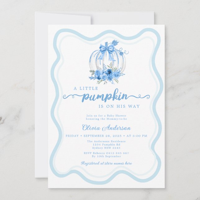 Watercolor Blue Little Pumpkin Bow Baby Shower Invitation (Front)