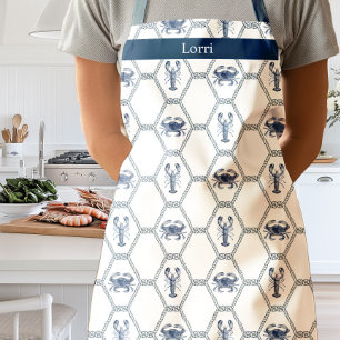 Watercolor Blue Lobster and Crab Fishing Rope Apron