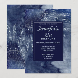 Watercolor Blue Mandala 21st Birthday Invitation