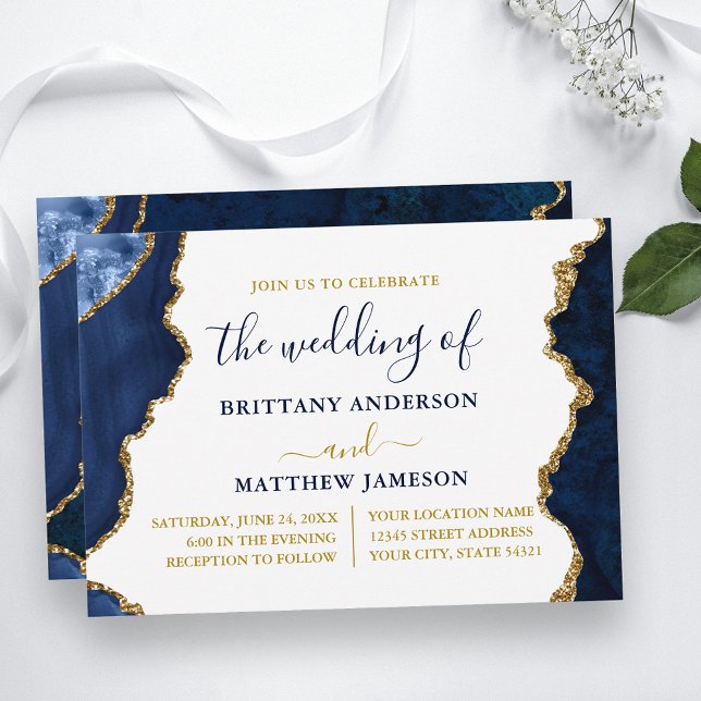 Watercolor Blue Marble and Gold Wedding Invitation (Customize to change text size, color, text style or to add more text to back of card.)