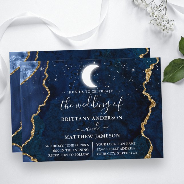 Watercolor Blue Marble Celestial Wedding Invitation (Customize to change text size, text style or to add more text to back of card.)