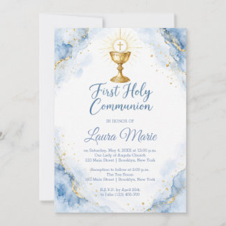 Watercolor Blue Marble First Holy Communion Invitation