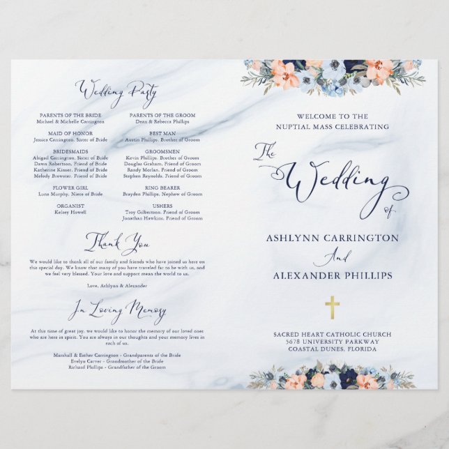 Watercolor Blue Marble Floral Wedding Mass Program (Front)