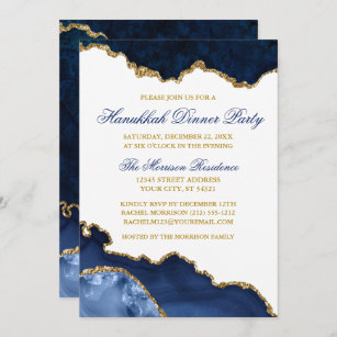 Watercolor Blue Marble Geode Gold Hanukkah Dinner Invitation
