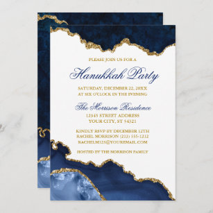 Watercolor Blue Marble Geode Gold Hanukkah Party Invitation