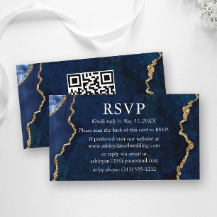 Watercolor Blue Marble Wedding RSVP QR Back Enclosure Card