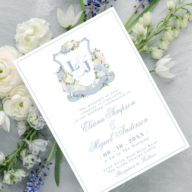 Watercolor Blue Monogram Crest Wedding Invitation (Creator Uploaded)
