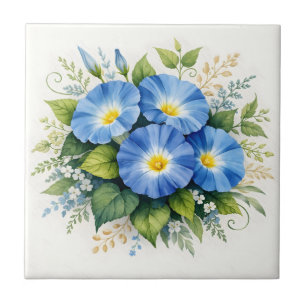 Watercolor Blue Morning Glory Flowers Ceramic Tile