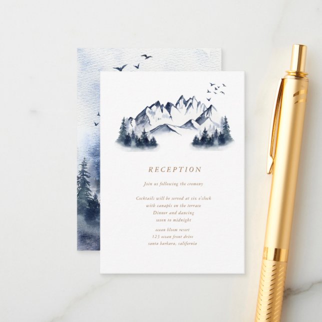 Watercolor Blue Mountain Reception Enclosure Card (Front/Back In Situ)