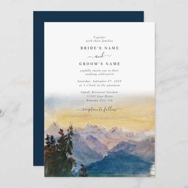 Watercolor Blue Mountains Pine Wedding Invitation (Front/Back)