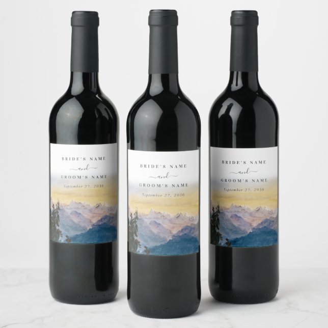 Watercolor Blue Mountains Pine Wedding Wine Label (Bottles)