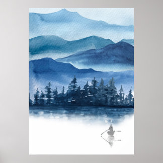 Watercolor Blue Mountains Scenic Landscape Poster