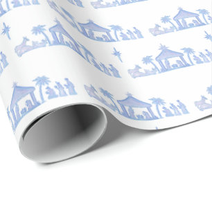Watercolor Blue Nativity Christmas Wrapping Paper